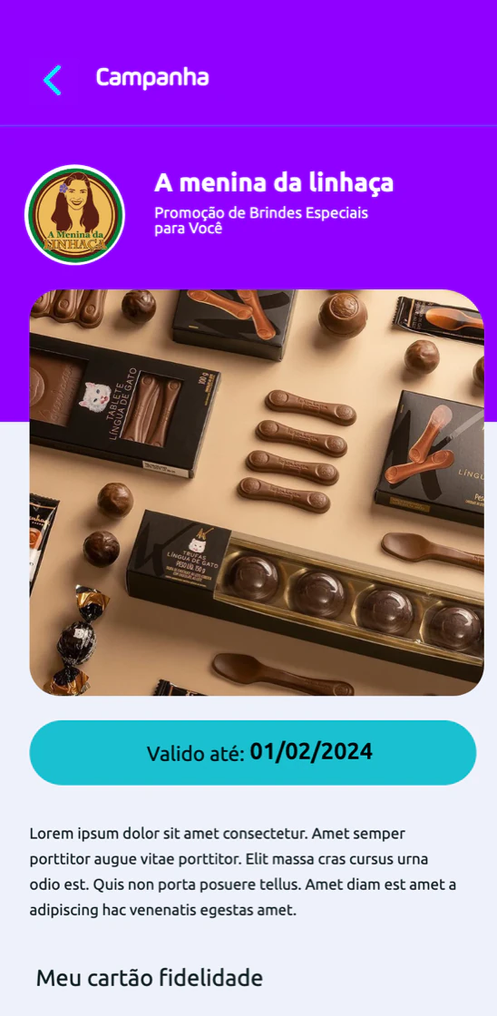Tela de campanha no app Passgo, com o prêmio, a validade e o cartão fidelidade do cliente