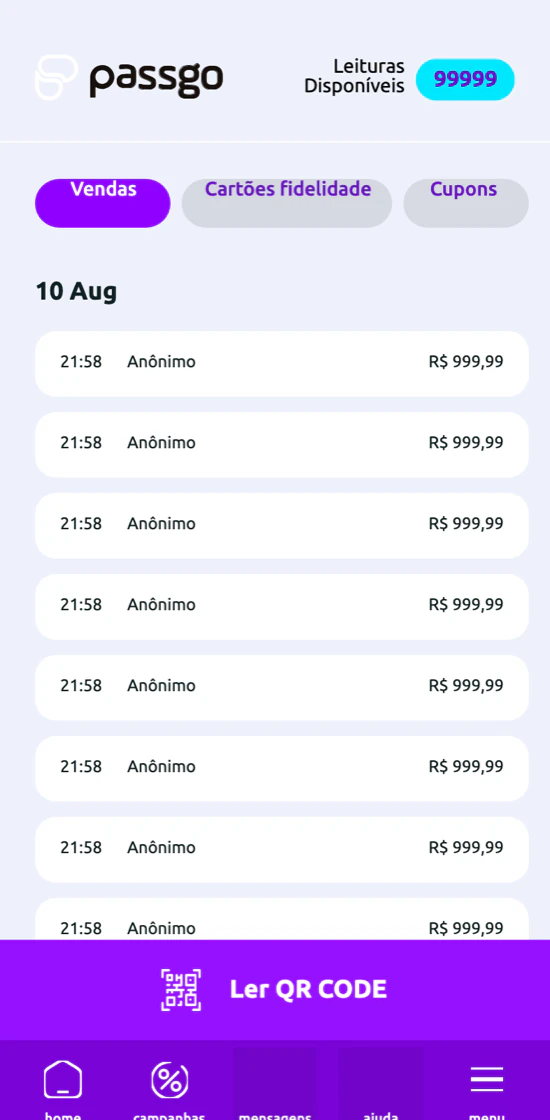 Painel do lojista no app Passgo, com leituras disponíveis, vendas do dia e botão de ler QR Code
