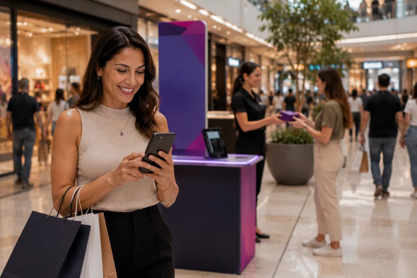 Cliente usando o celular ao lado do totem de autoatendimento da campanha no corredor do shopping