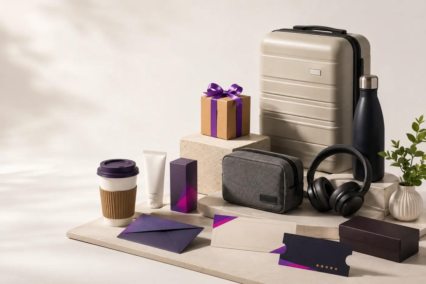 Composição de prêmios de valores diferentes: mala de bordo, headphone, necessaire, garrafa, voucher e brindes menores